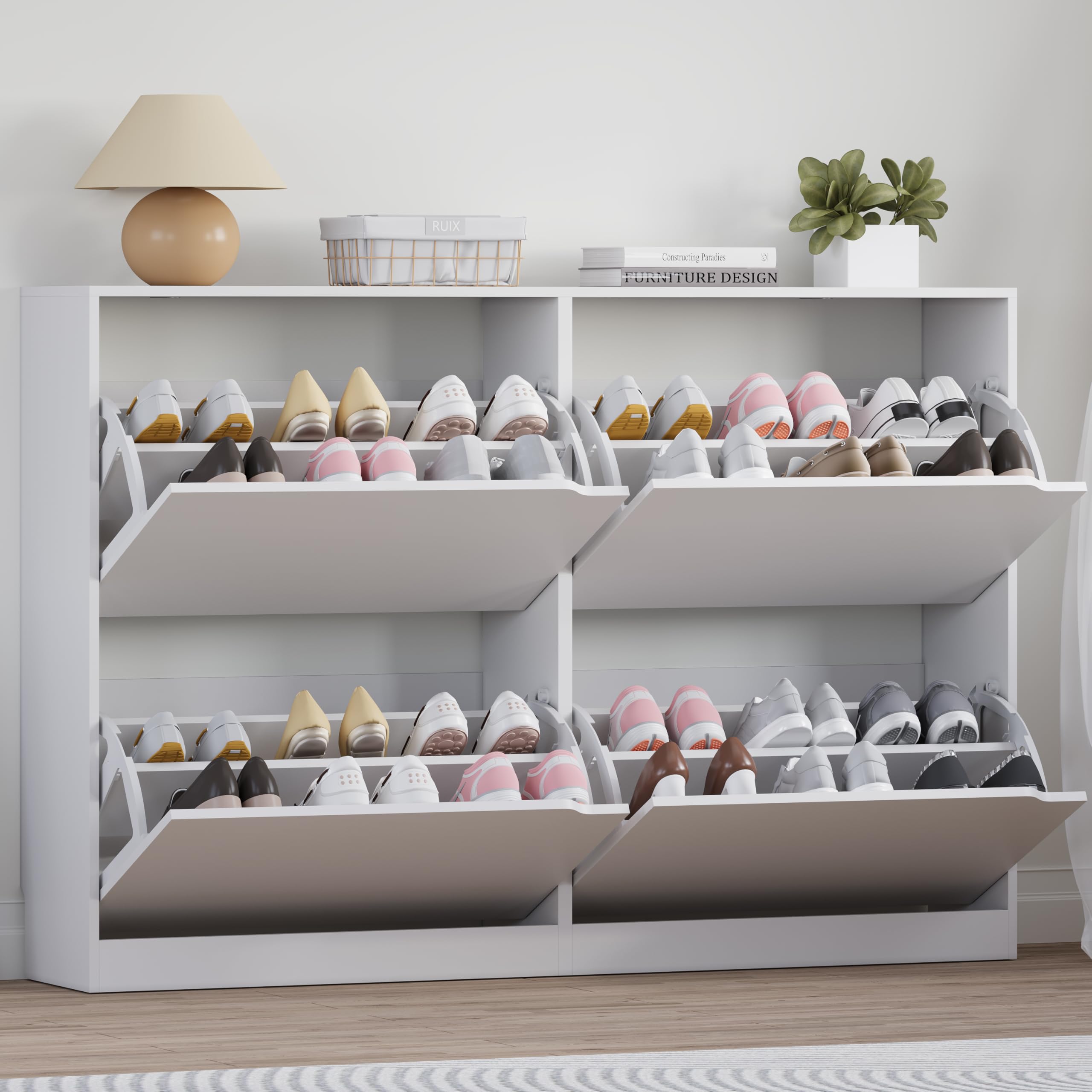 BORNOON Shoe Cabinet, Slim Narrow Shoe Storage Cabinet, Freestanding Shoe Organizer with Adjustable & Removable Shelves, Top Display Shelf for Entryway, Hallway, Foyer, Closet