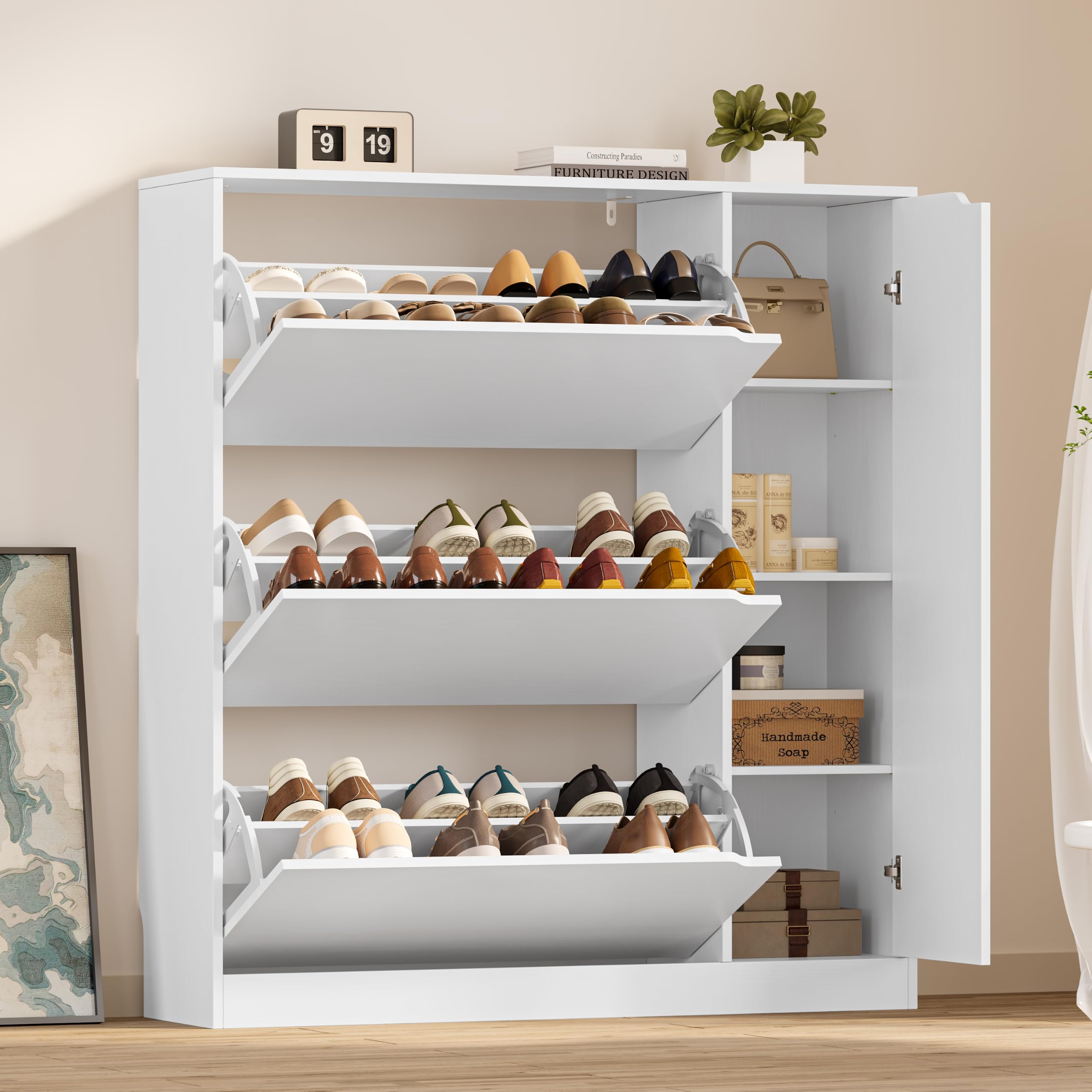BORNOON Shoe Cabinet, Slim Narrow Shoe Storage Cabinet, Freestanding Shoe Organizer with Adjustable & Removable Shelves, Top Display Shelf for Entryway, Hallway, Foyer, Closet