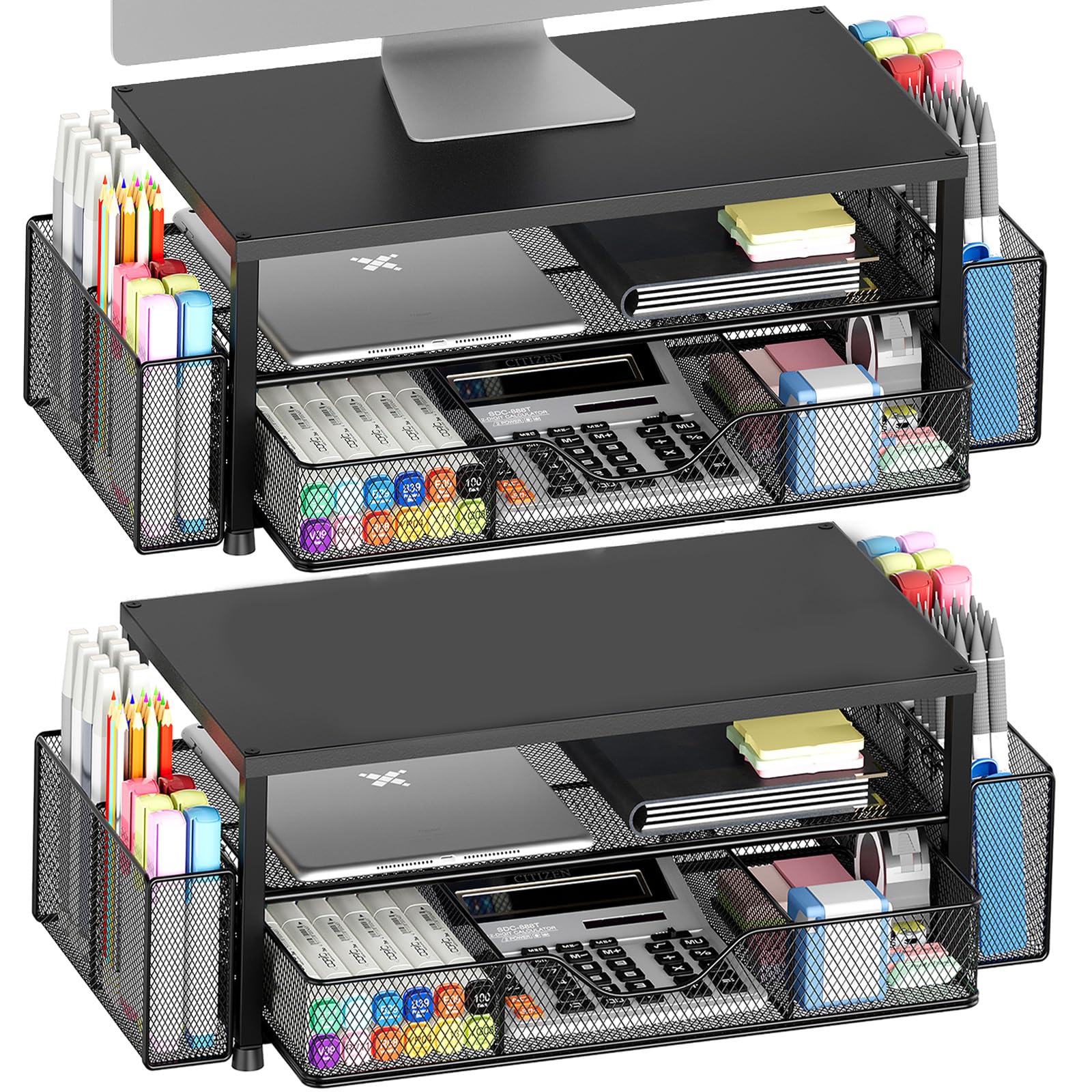 OPNICE Desk Organizer and Accessories, Computer Monitor Stand Riser with Drawer and 2 Pen Holders, Laptop Stand, Office Desk Accessories for Office Supplies
