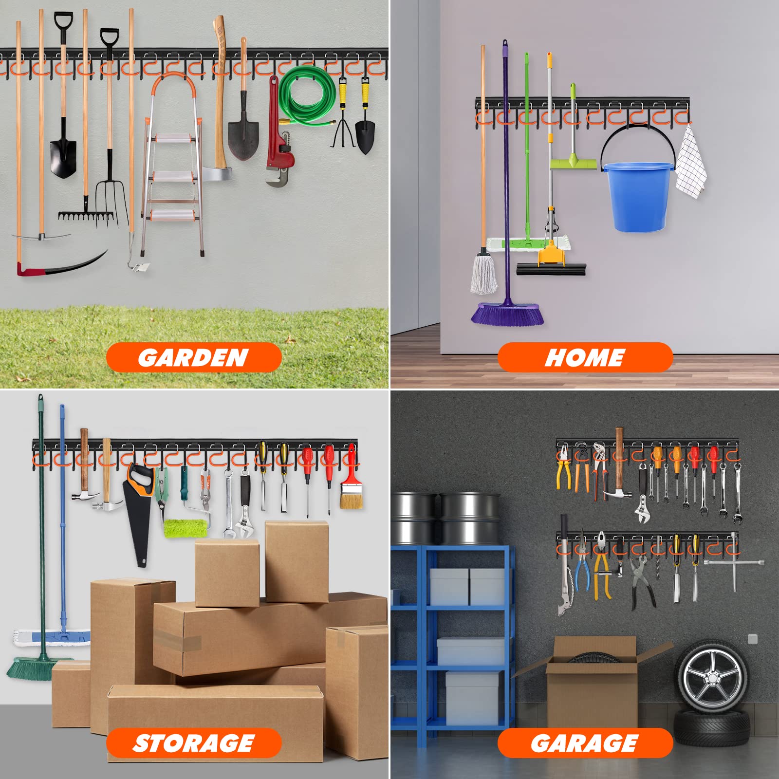 TVKB All Metal Garden Tool Organizer Adjustable Garage Tool Organizer Wall Mount Garage Organizers and Storage with Heavy Duty Hooks Tool Hangers for Garage Wall, Shed, Garden