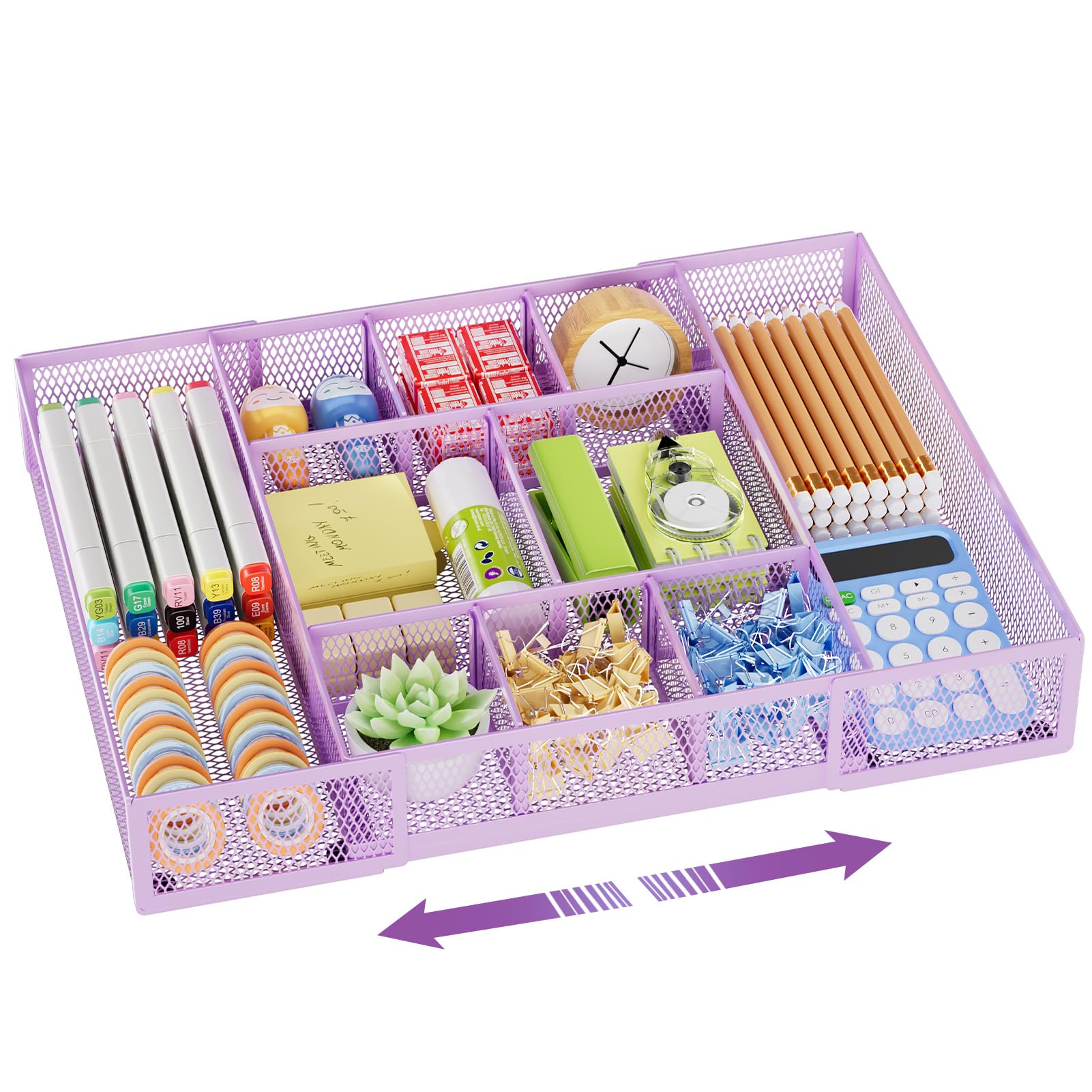 Marbrasse Expandable Desk Drawer Organizer with 10 Adjustable Compartments, Mesh Tray for Office Supplies, Makeup & Vanity