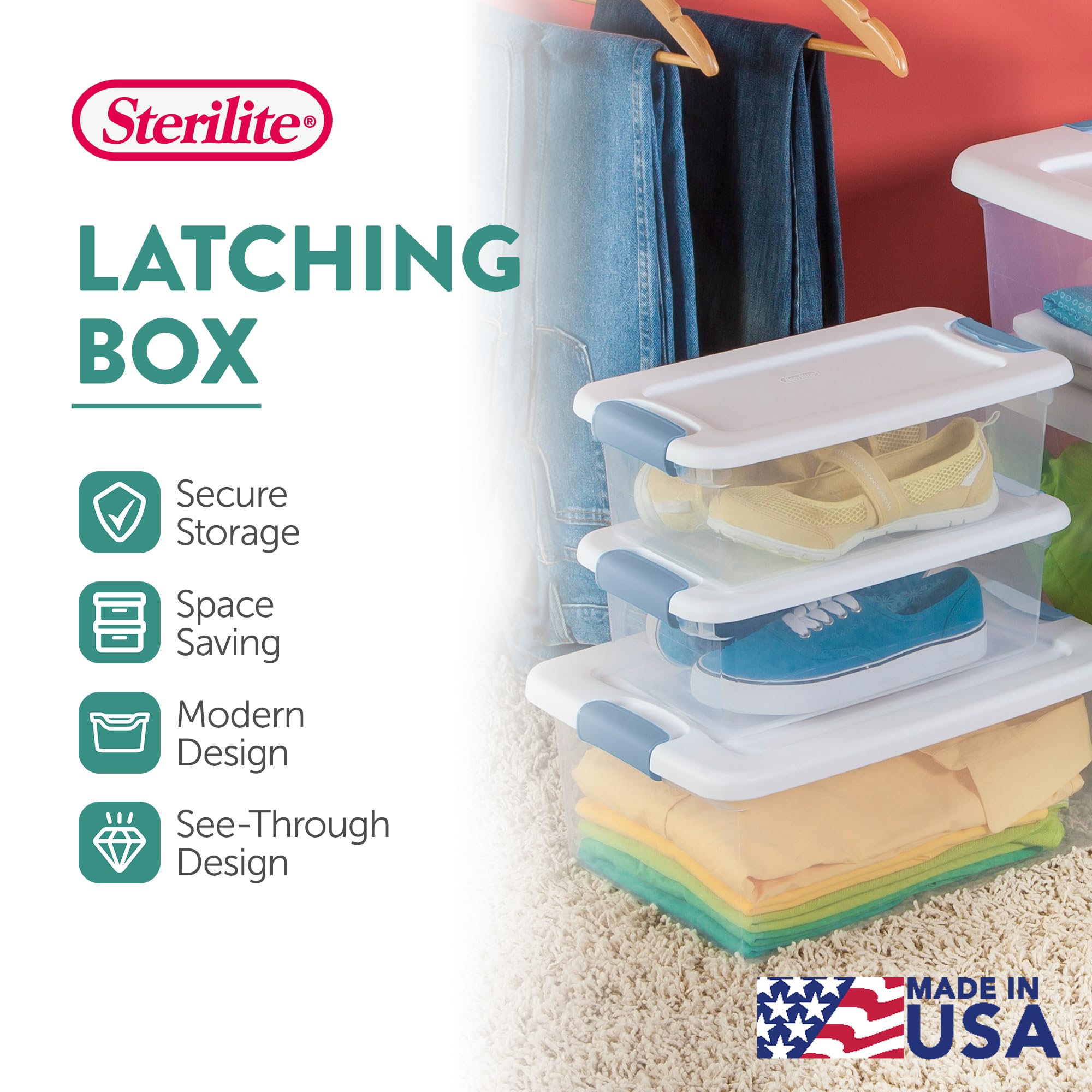 Sterilite Latching Storage Box, Stackable Bin with Latch Lid, Plastic Container to Organize Shoes on Closet Shelf, Clear with White Lid