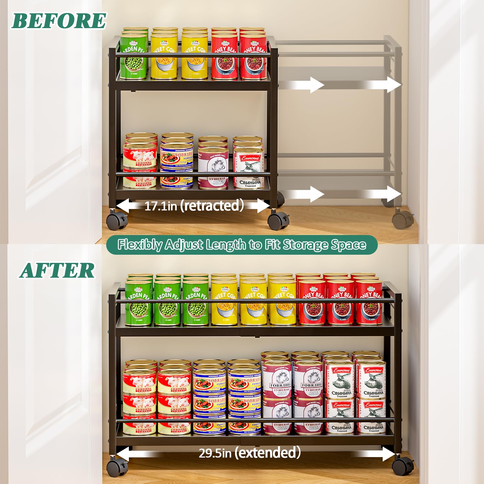 3IngSeagulls 2-Tier Expandable Rolling Pantry Cart with Wheels, Adjustable Floor Organizer for Kitchen Pantry, Can Organizer for Pantry, Storage Cart for Snack, Food, Vegetables, Patent Pending