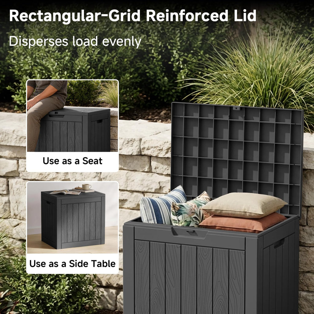 PatioZen Outdoor Deck Box,Waterproof Resin Outdoor Storage Boxes, Outside Storage Lockable Container for Garden Tools,Indooor Cushions,Accessories