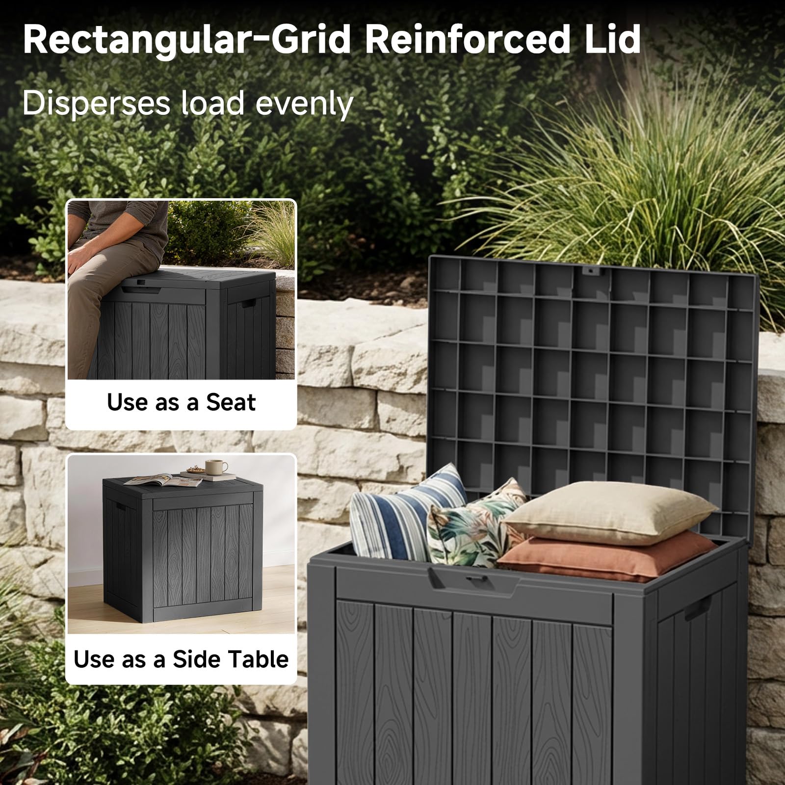 PatioZen Outdoor Deck Box,Waterproof Resin Outdoor Storage Boxes, Outside Storage Lockable Container for Garden Tools,Indooor Cushions,Accessories