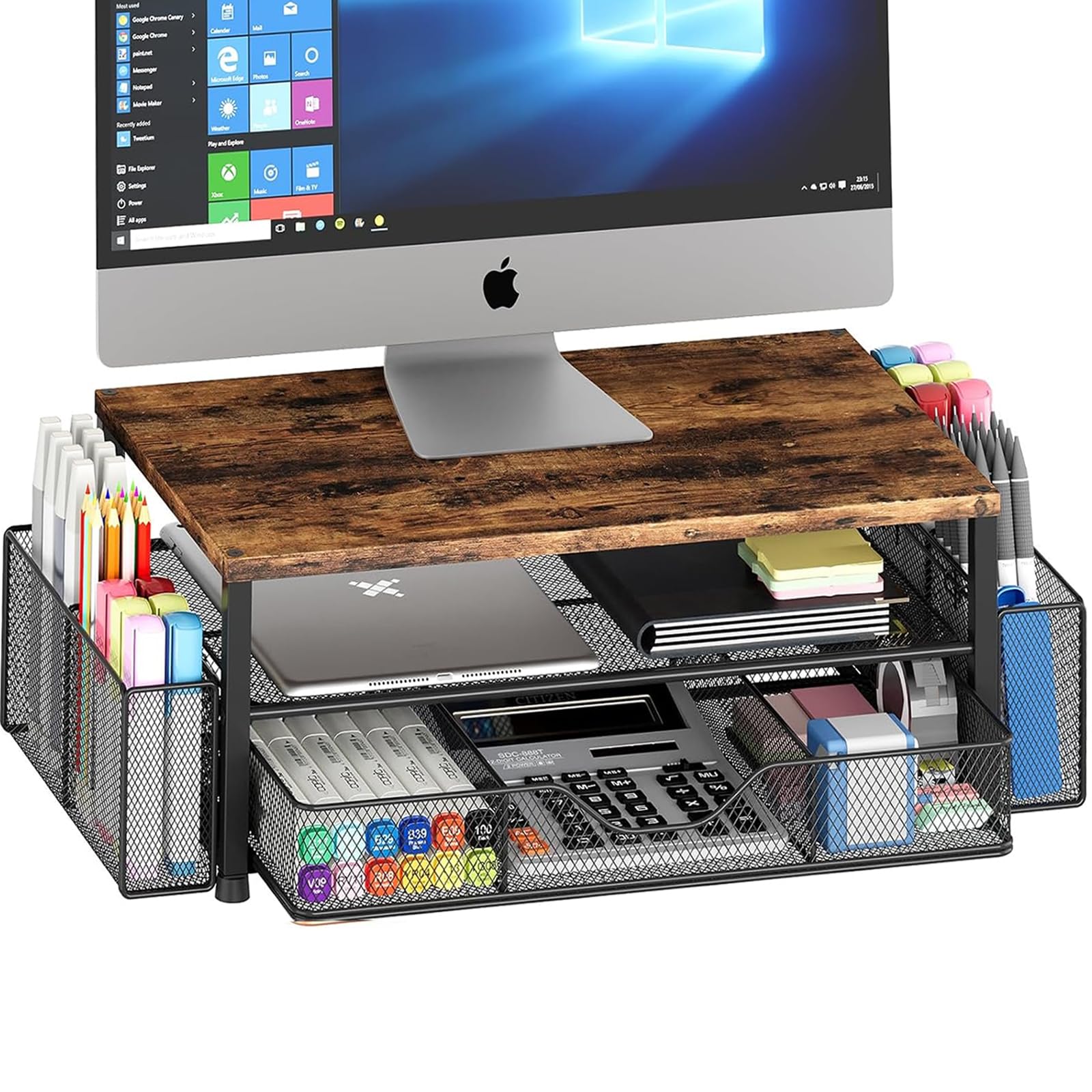 OPNICE Desk Organizer and Accessories, Computer Monitor Stand Riser with Drawer and 2 Pen Holders, Laptop Stand, Office Desk Accessories for Office Supplies