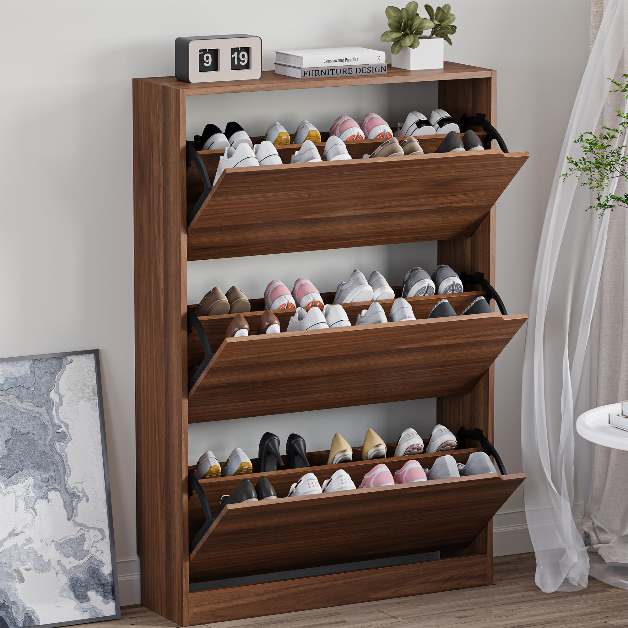 BORNOON Shoe Cabinet, Slim Narrow Shoe Storage Cabinet, Freestanding Shoe Organizer with Adjustable & Removable Shelves, Top Display Shelf for Entryway, Hallway, Foyer, Closet