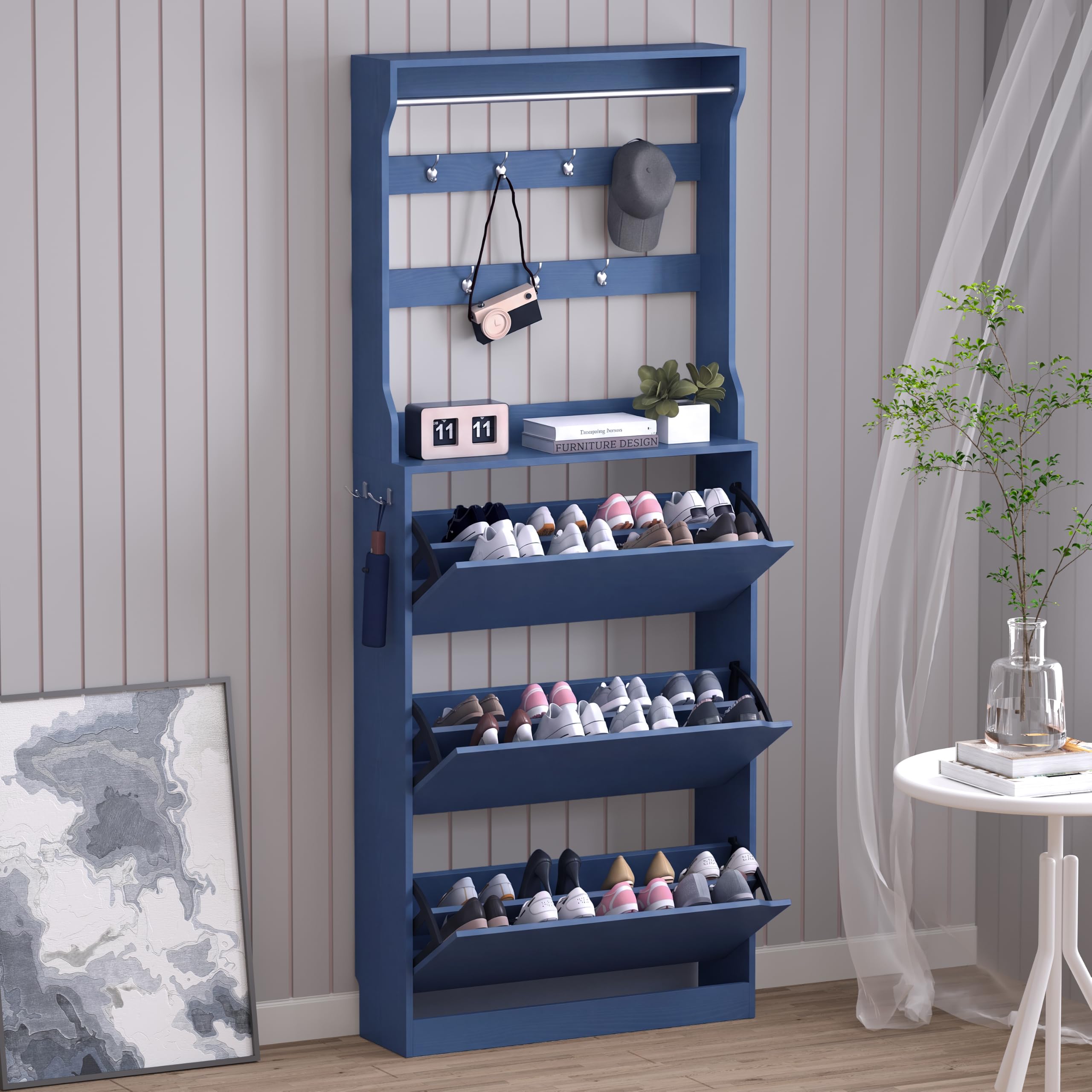 BORNOON Shoe Cabinet, Slim Narrow Shoe Storage Cabinet, Freestanding Shoe Organizer with Adjustable & Removable Shelves, Top Display Shelf for Entryway, Hallway, Foyer, Closet