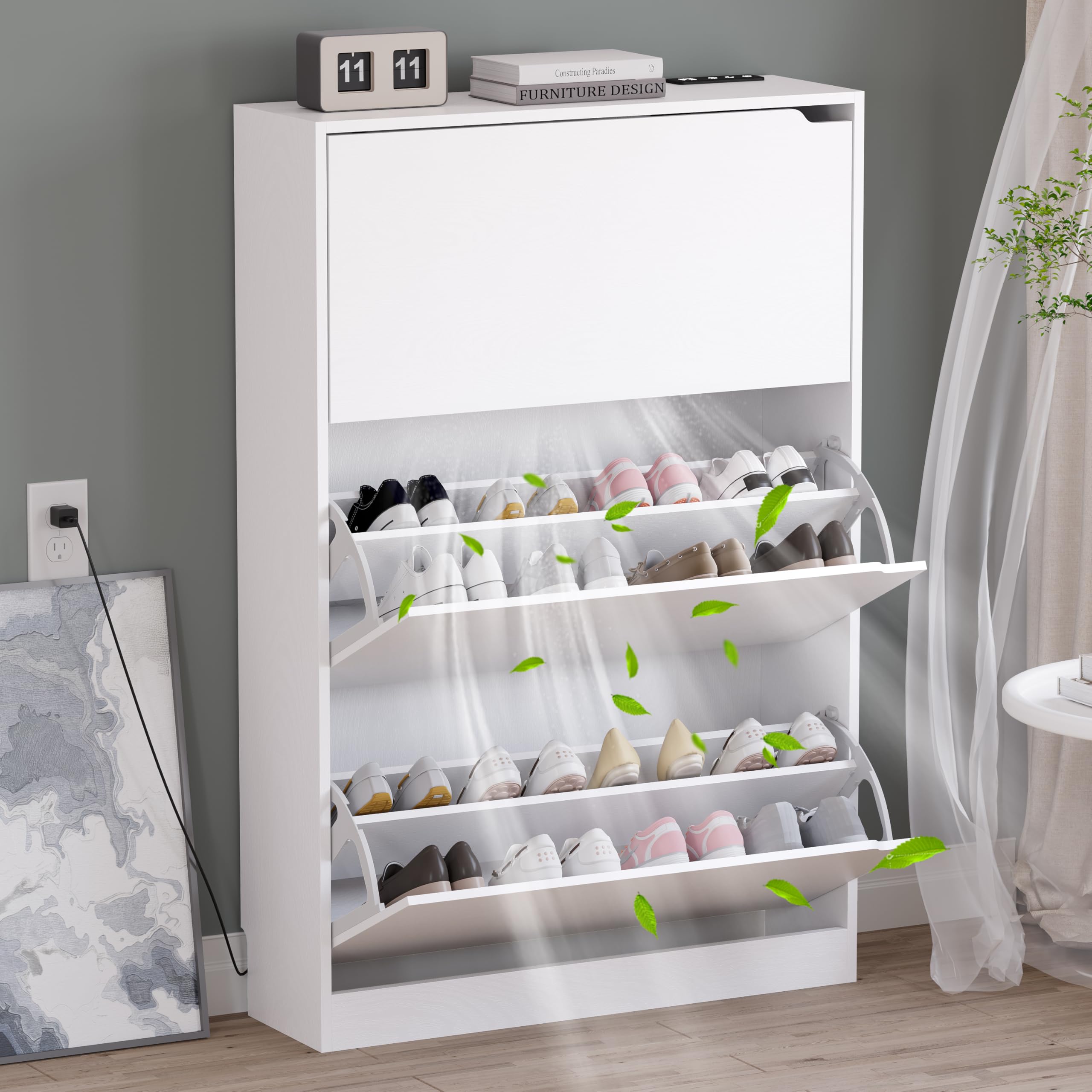 BORNOON Shoe Cabinet, Slim Narrow Shoe Storage Cabinet, Freestanding Shoe Organizer with Adjustable & Removable Shelves, Top Display Shelf for Entryway, Hallway, Foyer, Closet