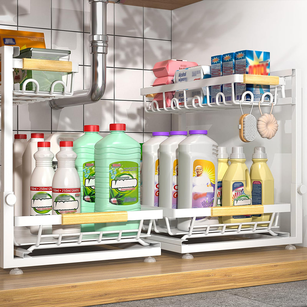 Sevenblue 2 Packs Under Sink Organizer, Height Adjustable 2 Tier Under Kitchen Sink Organizer, Multi-Purpose Storage Shelf for Kitchen Bathroom Cabinet