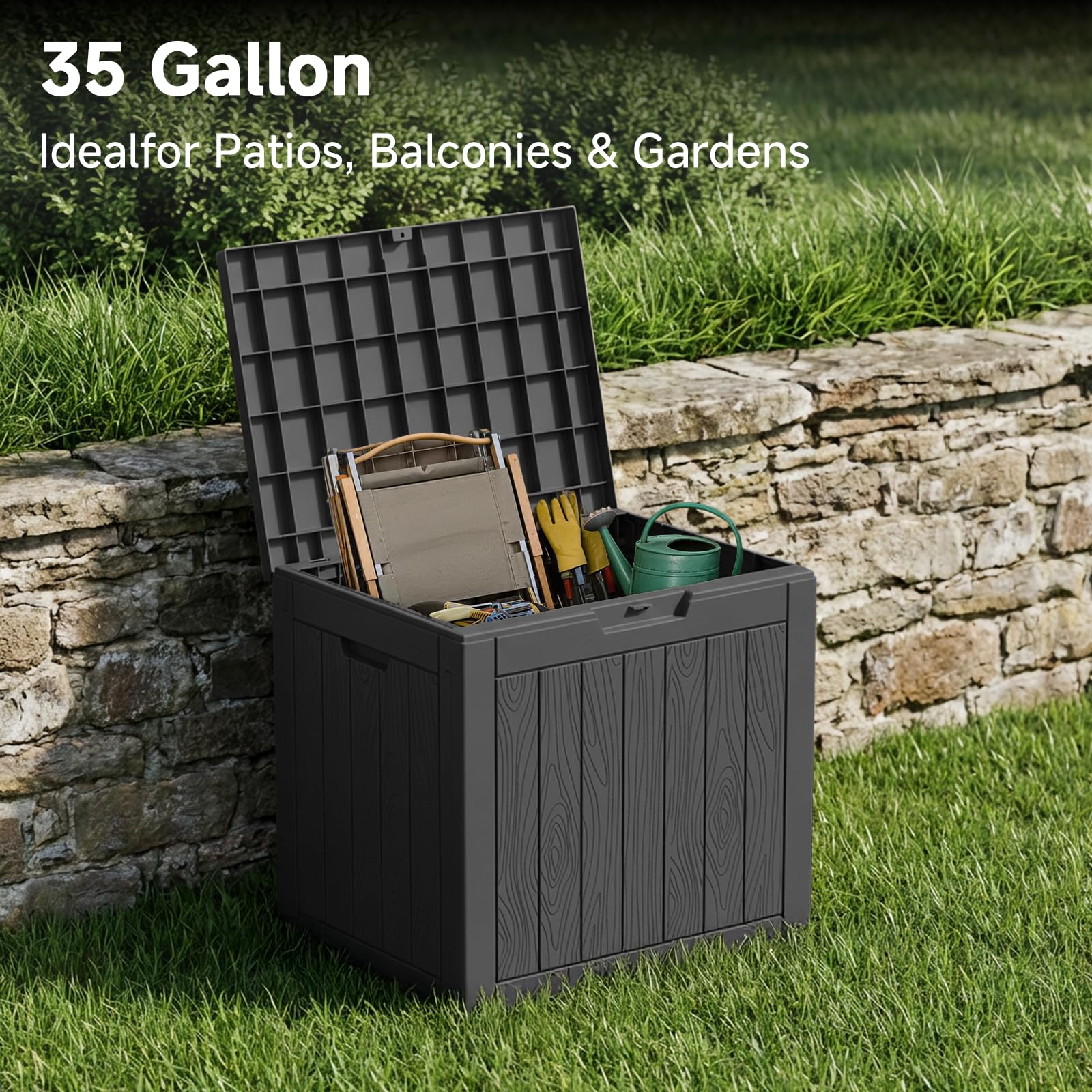 PatioZen Outdoor Deck Box,Waterproof Resin Outdoor Storage Boxes, Outside Storage Lockable Container for Garden Tools,Indooor Cushions,Accessories