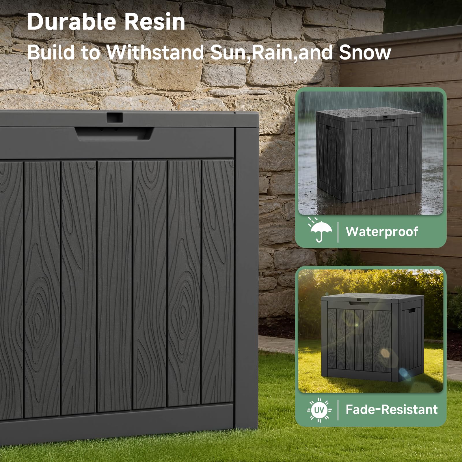 PatioZen Outdoor Deck Box,Waterproof Resin Outdoor Storage Boxes, Outside Storage Lockable Container for Garden Tools,Indooor Cushions,Accessories
