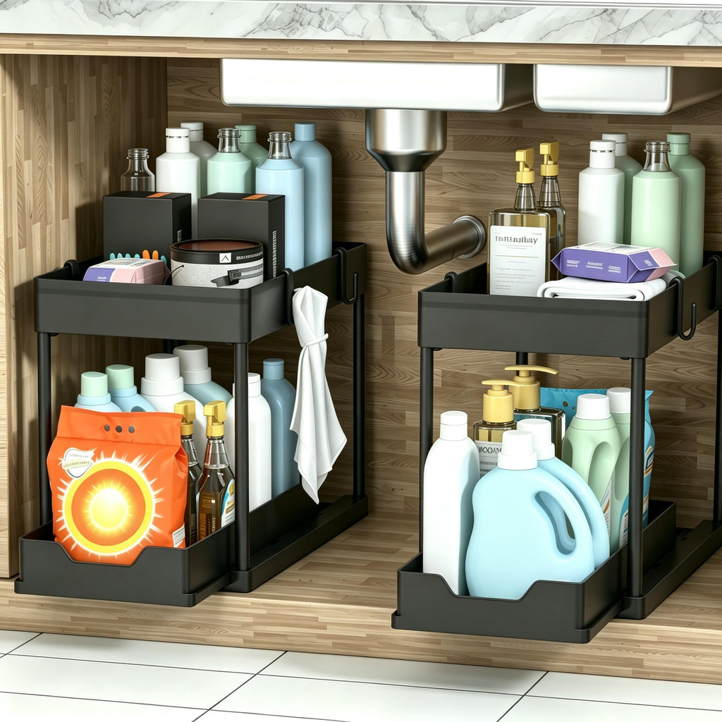 DEKAVA Under Sink Organizer 2 Pack，Bathroom Cabinet Organizer，2 Tier Sliding Cabinet Basket Organizer Drawer, Multi-Purpose Bath Collection Baskets for Bathroom