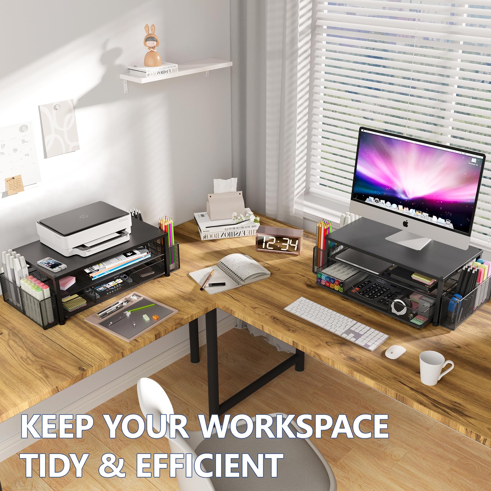 OPNICE Desk Organizer and Accessories, Computer Monitor Stand Riser with Drawer and 2 Pen Holders, Laptop Stand, Office Desk Accessories for Office Supplies