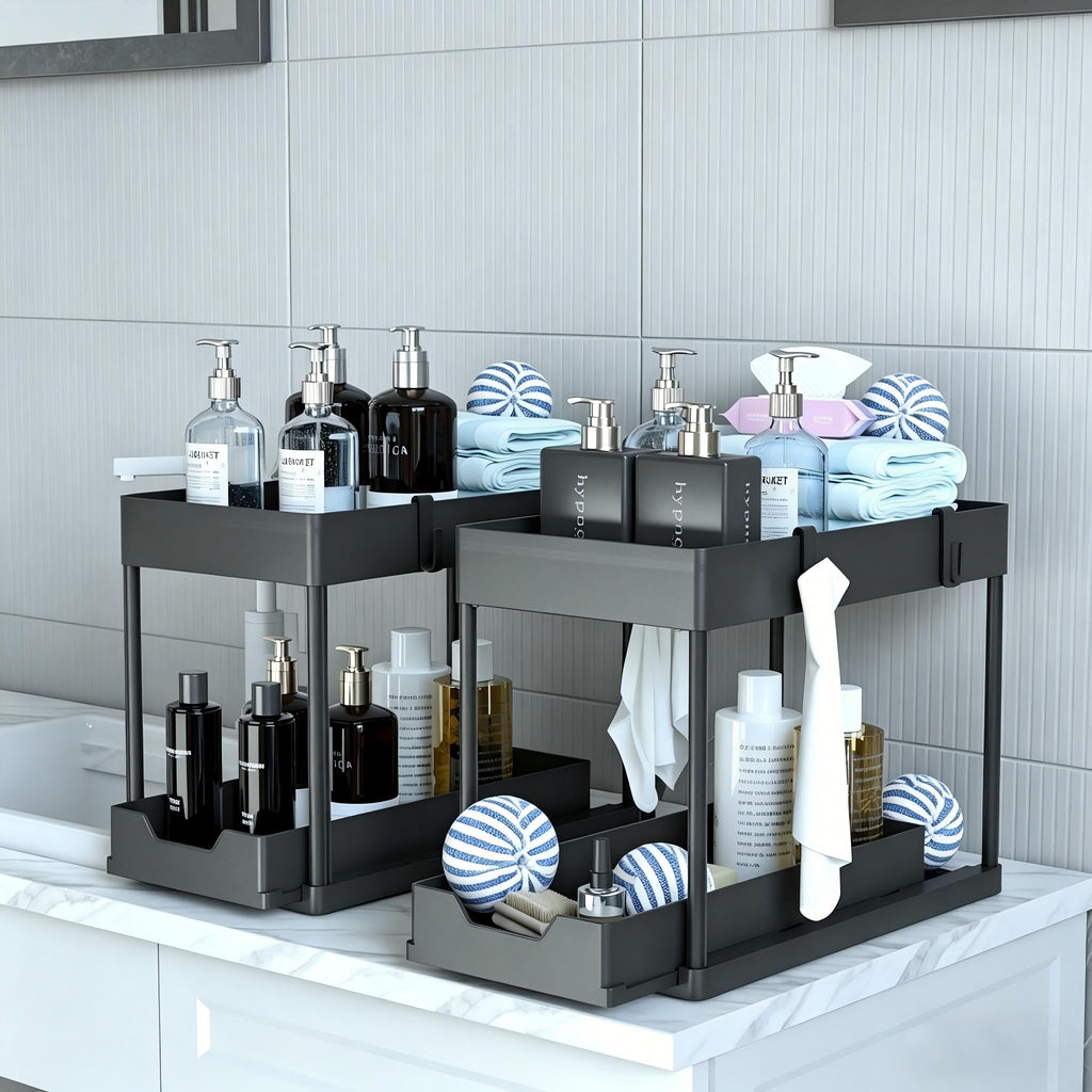 DEKAVA Under Sink Organizer 2 Pack，Bathroom Cabinet Organizer，2 Tier Sliding Cabinet Basket Organizer Drawer, Multi-Purpose Bath Collection Baskets for Bathroom