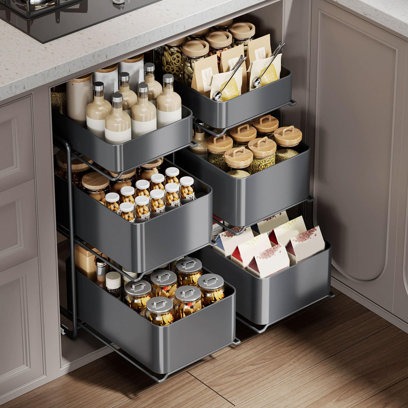 3 Tier Under Sink Organizer and Storage with Sliding Storage Drawer, Height: 53.5Cm Pull Out Cabinet Organizer No Drilling and Nailing for Kitchen, Bathroom, Pantry