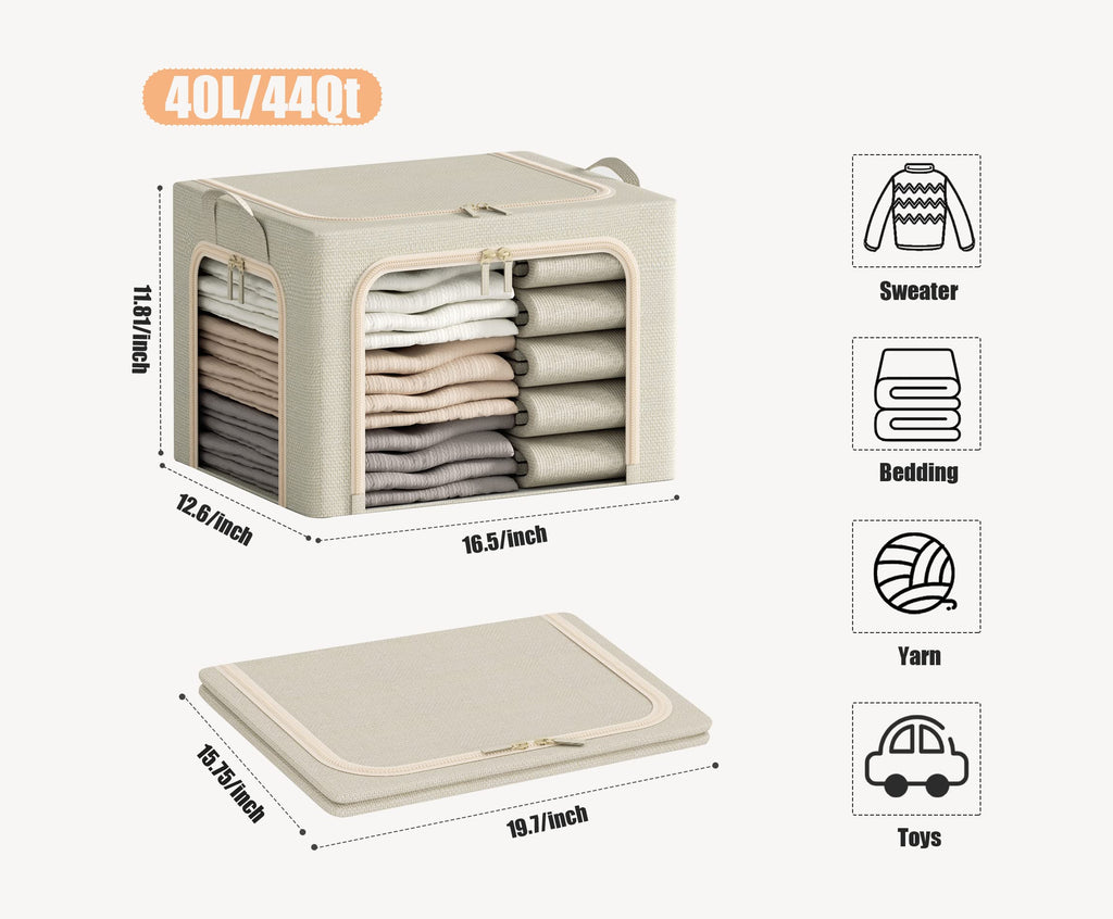 Furnhome 3 Opeings Clothes Storage Bins with Metal Frame, Foldable Clothes Organizes and Storage, Fabric Storage Box with Clear Window, Stackable Storage Bins with Double Zippers＆ Durable Handles