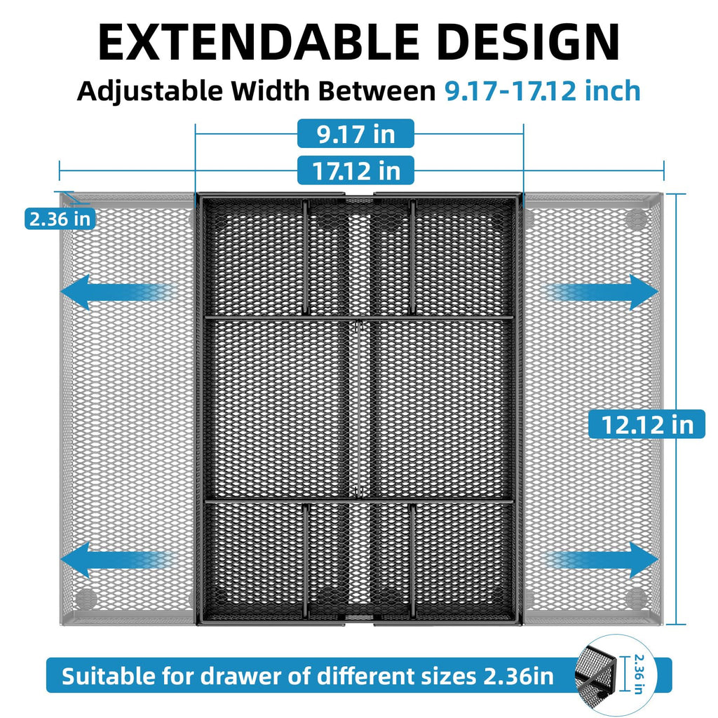 Marbrasse Expandable Desk Drawer Organizer with 10 Adjustable Compartments, Mesh Tray for Office Supplies, Makeup & Vanity