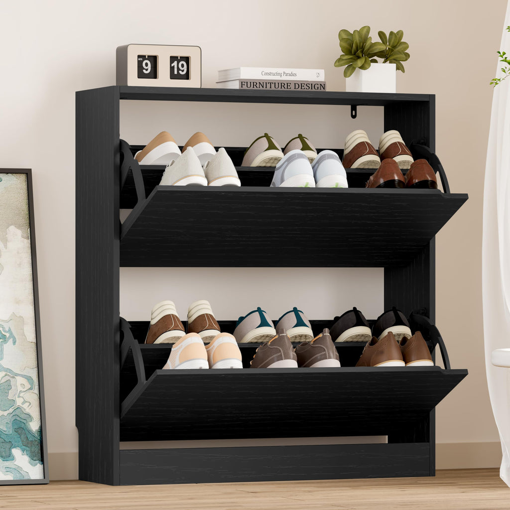 BORNOON Shoe Cabinet, Slim Narrow Shoe Storage Cabinet, Freestanding Shoe Organizer with Adjustable & Removable Shelves, Top Display Shelf for Entryway, Hallway, Foyer, Closet