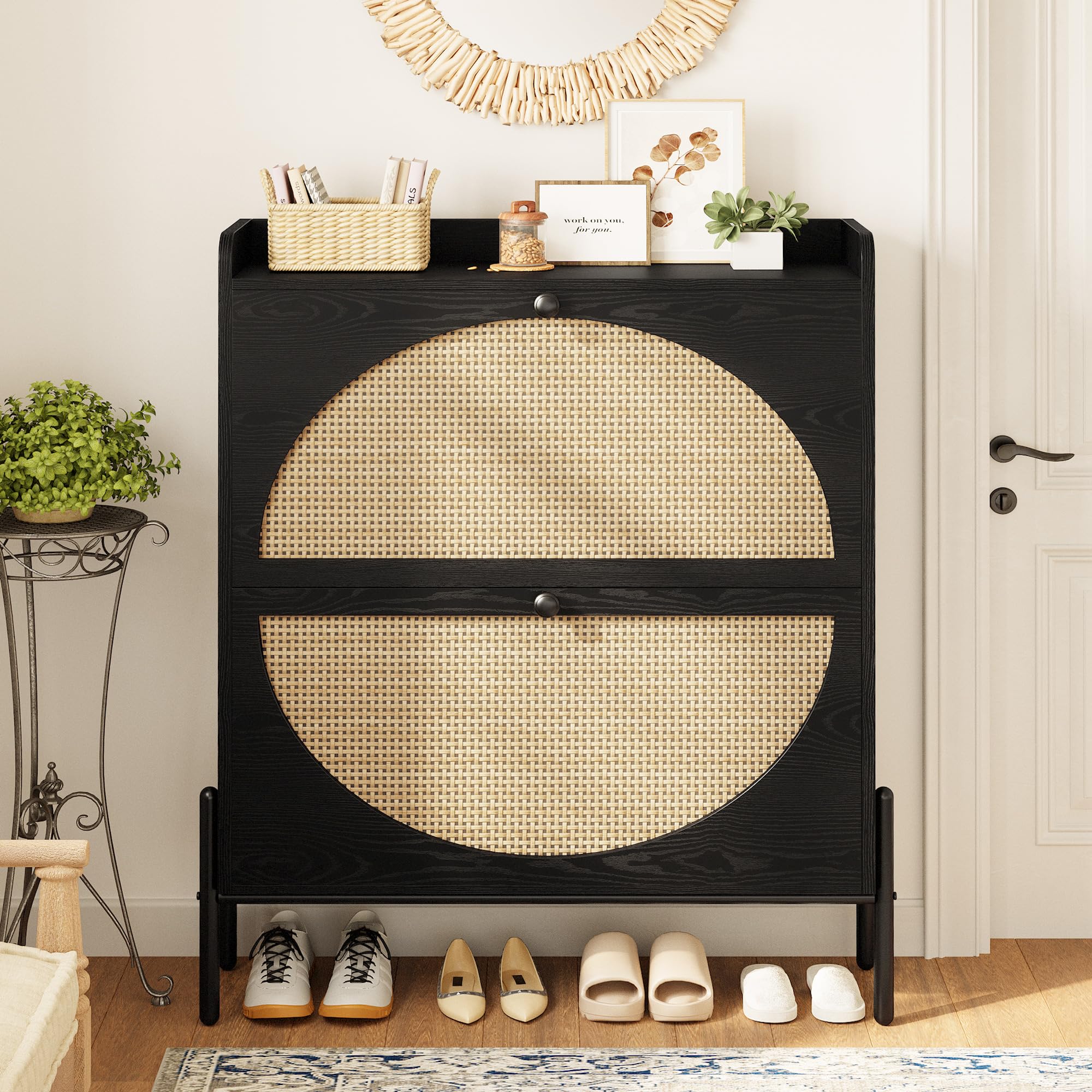 IRONCK Shoe Cabinet Storage with 2 Flip Drawers, Free Standing Wooden Shoe Storage Organizer Cabinet with Rattan Doors for Entryway, Narrow Shoe Rack Cabinet