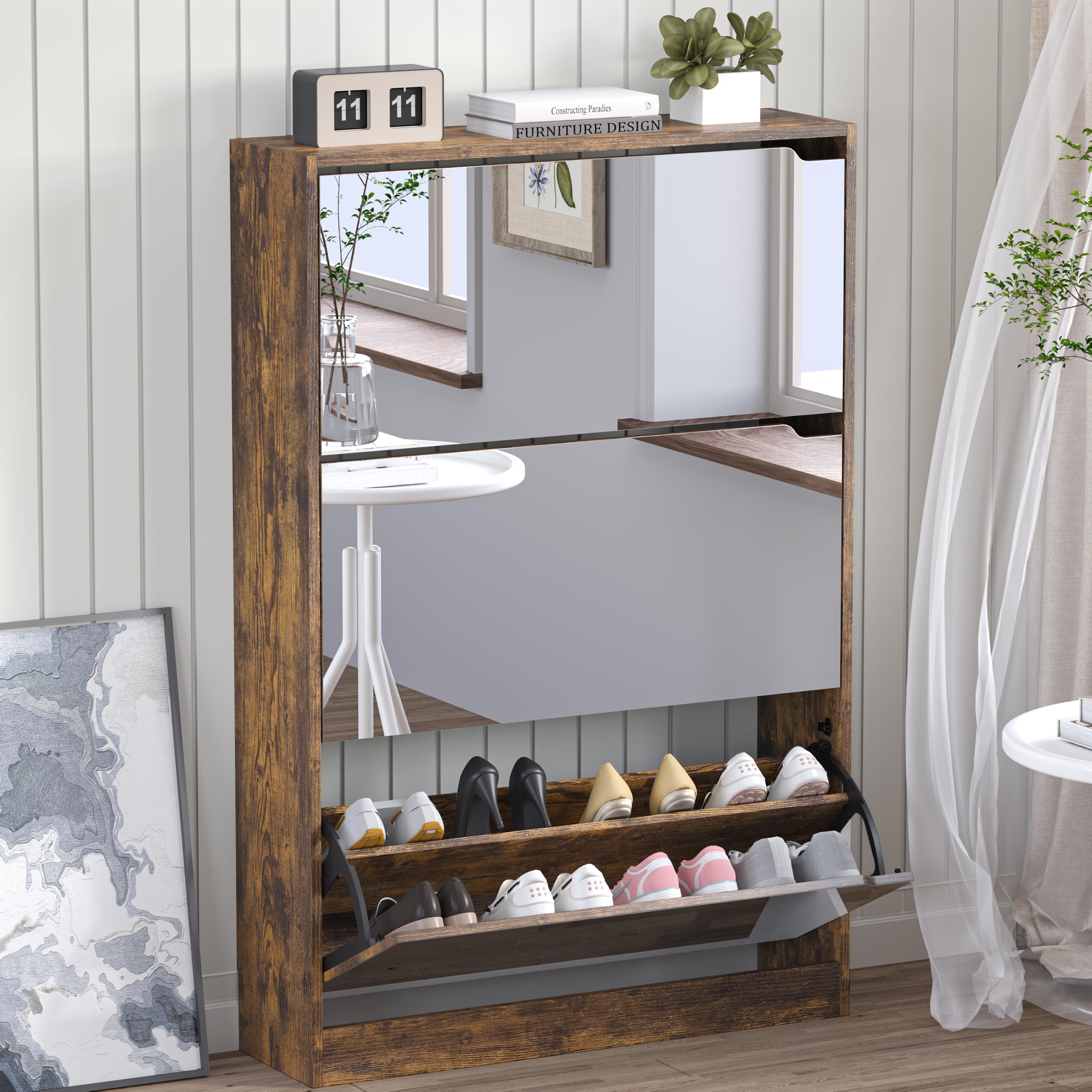 BORNOON Shoe Cabinet, Slim Narrow Shoe Storage Cabinet, Freestanding Shoe Organizer with Adjustable & Removable Shelves, Top Display Shelf for Entryway, Hallway, Foyer, Closet