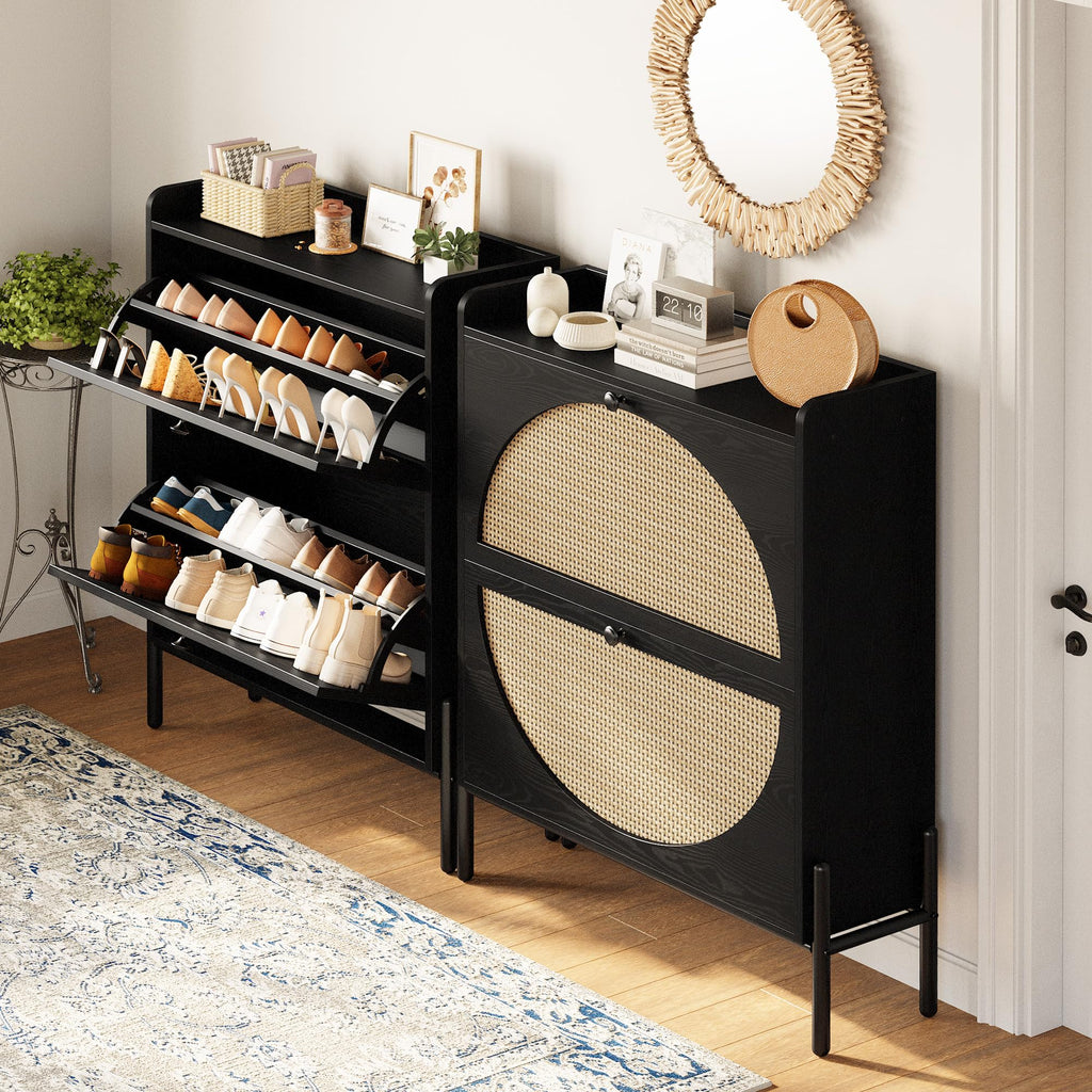 IRONCK Shoe Cabinet Storage with 2 Flip Drawers, Free Standing Wooden Shoe Storage Organizer Cabinet with Rattan Doors for Entryway, Narrow Shoe Rack Cabinet