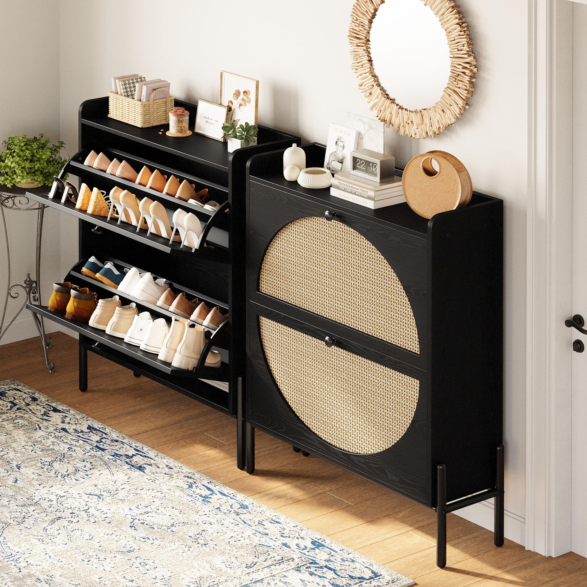 IRONCK Shoe Cabinet Storage with 2 Flip Drawers, Free Standing Wooden Shoe Storage Organizer Cabinet with Rattan Doors for Entryway, Narrow Shoe Rack Cabinet