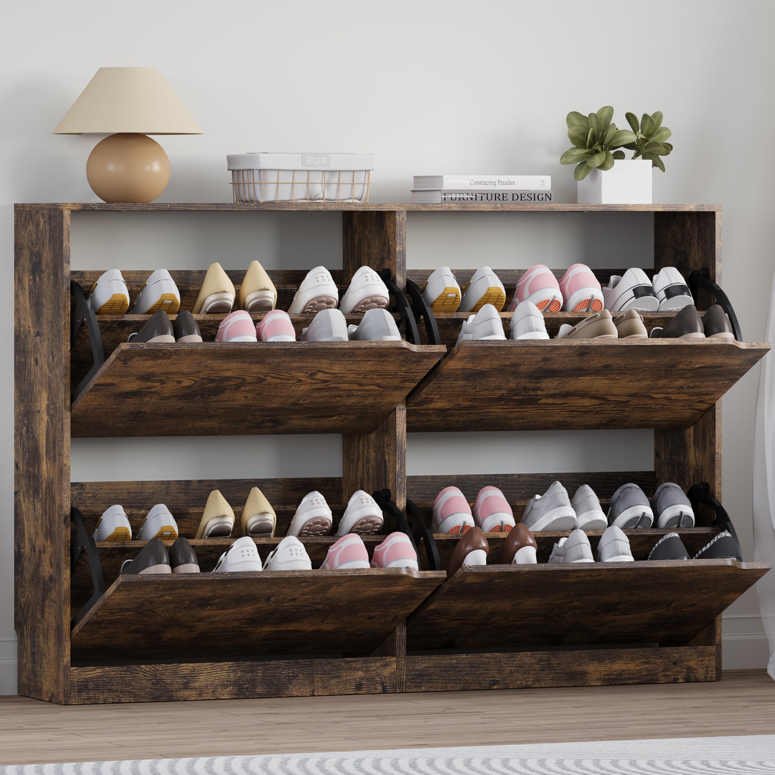 BORNOON Shoe Cabinet, Slim Narrow Shoe Storage Cabinet, Freestanding Shoe Organizer with Adjustable & Removable Shelves, Top Display Shelf for Entryway, Hallway, Foyer, Closet