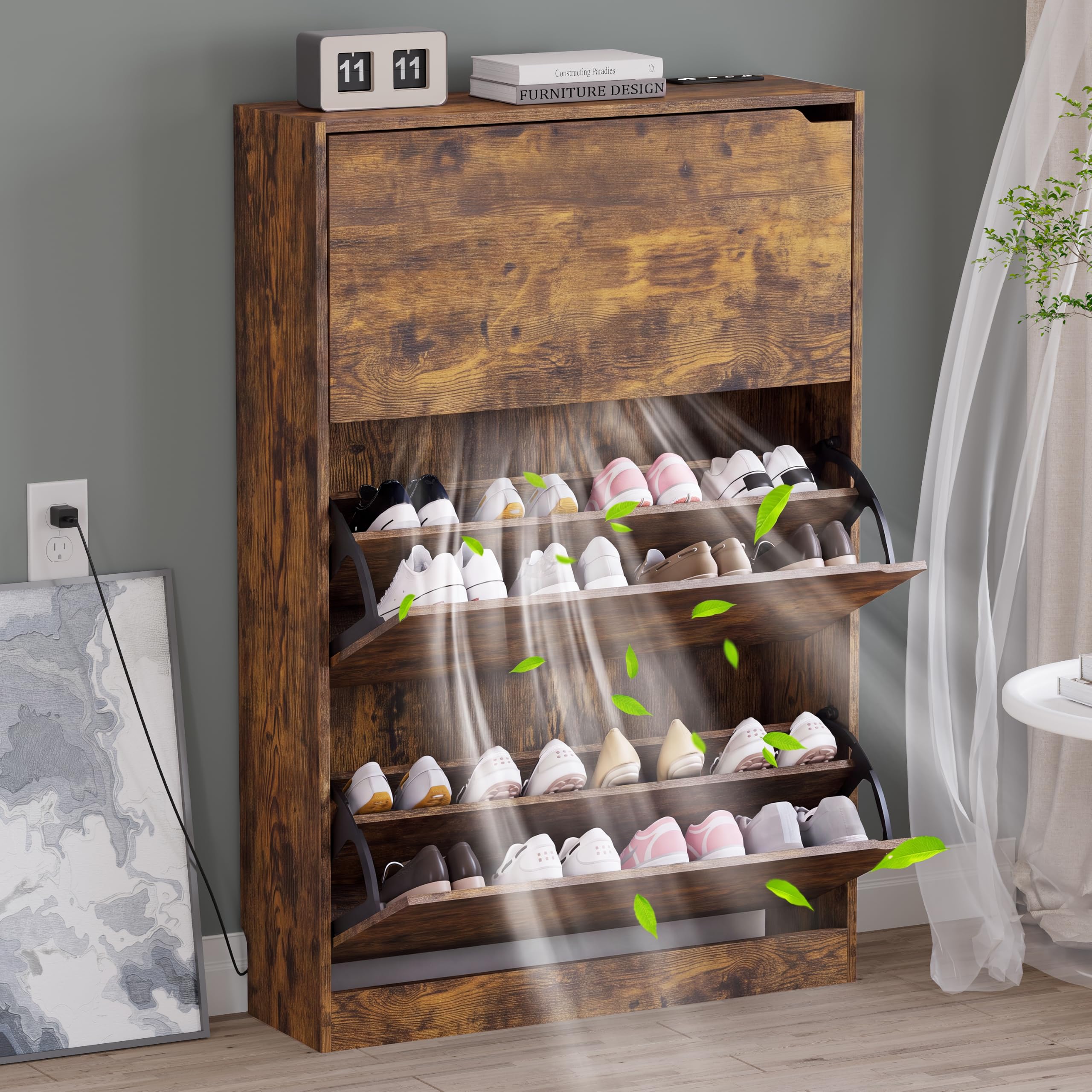 BORNOON Shoe Cabinet, Slim Narrow Shoe Storage Cabinet, Freestanding Shoe Organizer with Adjustable & Removable Shelves, Top Display Shelf for Entryway, Hallway, Foyer, Closet