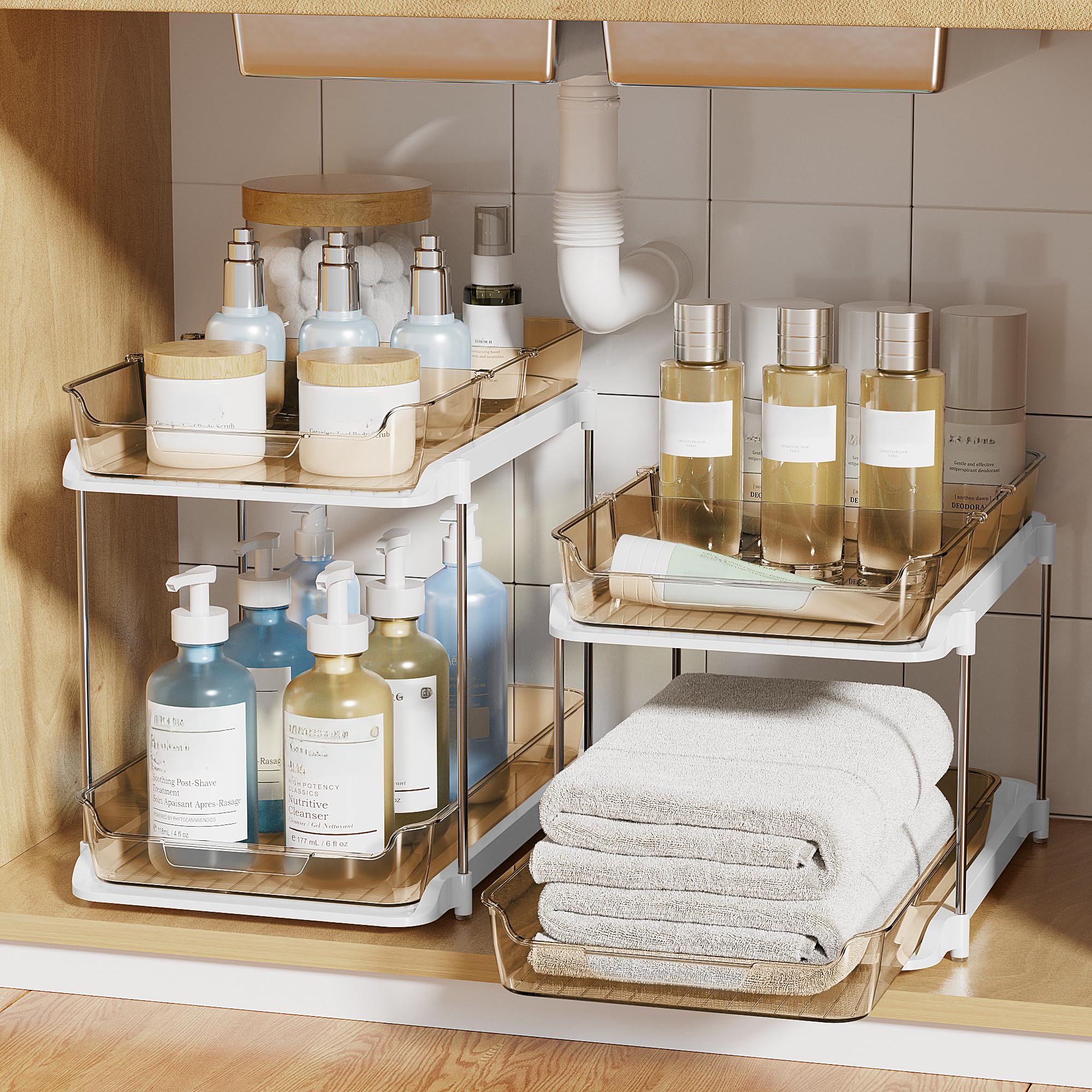 Delamu 2-Tier Multi-Purpose Bathroom Under Sink Organizers and Storage, Stackable Kitchen Pantry Organization, Pull Out Medicine Cabinet Organizer with Movable Dividers