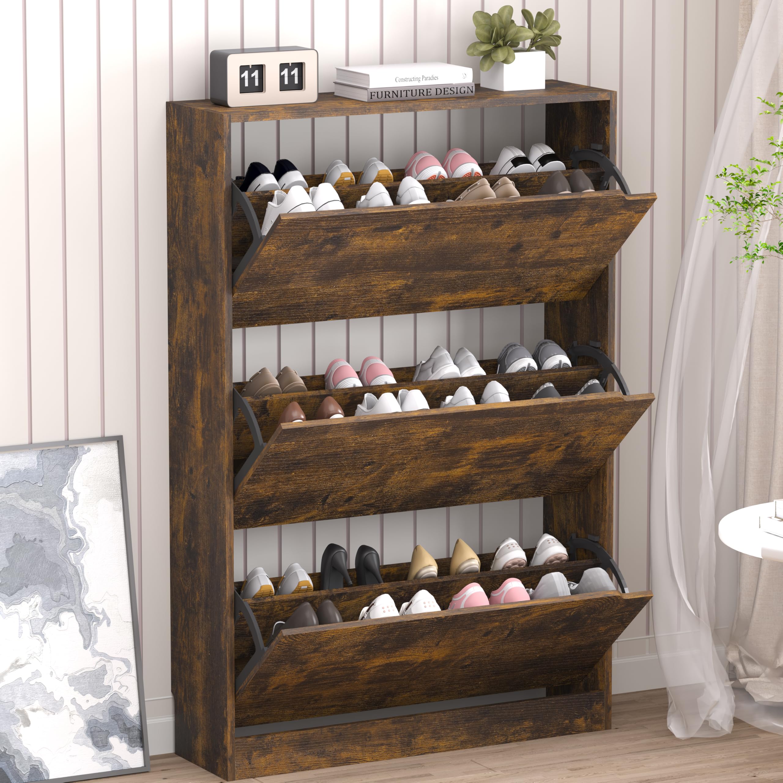 BORNOON Shoe Cabinet, Slim Narrow Shoe Storage Cabinet, Freestanding Shoe Organizer with Adjustable & Removable Shelves, Top Display Shelf for Entryway, Hallway, Foyer, Closet